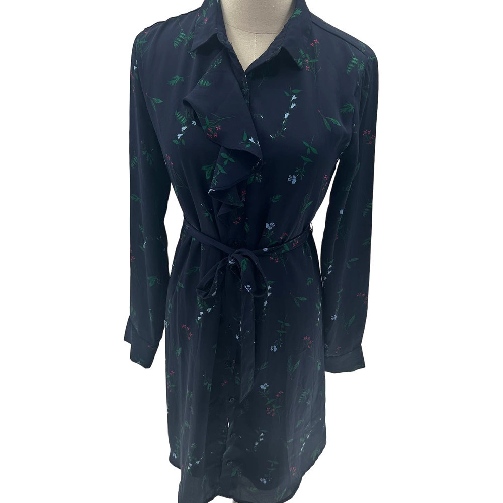 Banana Republic Navy/Floral Long Sleeve Button Down Knee Length Dress- 6